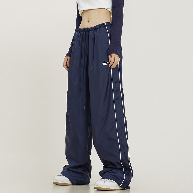Američke retro široke sportske hlače s bočnim prugama, dužina do poda, ljeto 2024, casual Bella stil
