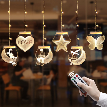 Șir de lumini LED cu stele pentru perdea, alimentare USB, decor 3D de Crăciun pentru interior