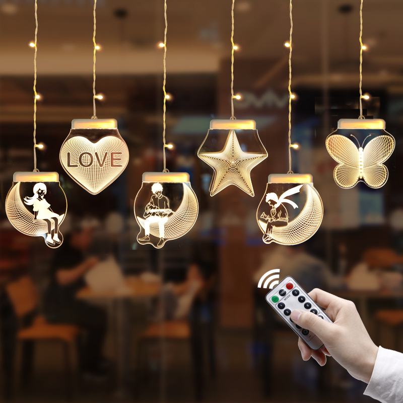 Șir de lumini LED cu stele pentru perdea, alimentare USB, decor 3D de Crăciun pentru interior