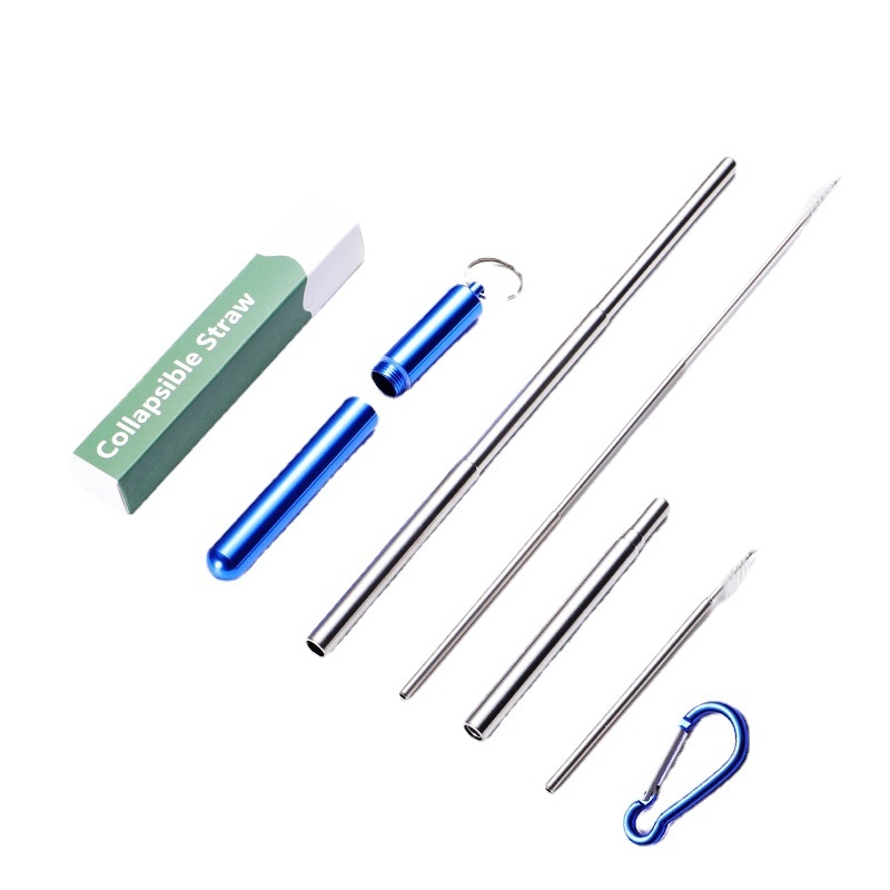 En 304 nehrđajući čelik teleskopska slamka s okruglim dnom, višebojni aluminijski kućište i karabiner – prijenosni set slamke
