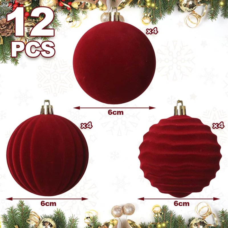 12 bucăți bile plușate, 6 cm – pentru pomul de Crăciun, stil modern simplu