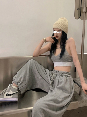 Ženske bijele pamučne trenirke hlače s flecom, visokim strukom, širokim krojem, lantern stil, jazz hip-hop
