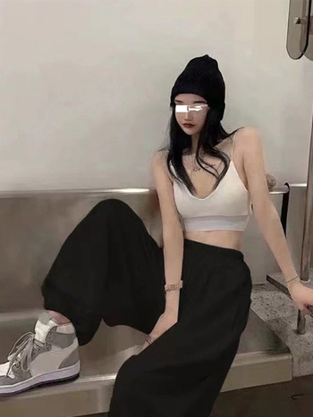 Ženske bijele pamučne trenirke hlače s flecom, visokim strukom, širokim krojem, lantern stil, jazz hip-hop