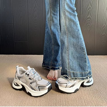 Ezüst női sneakers vastag talppal, tavasz 2025, kényelmes és divatos casual cipő