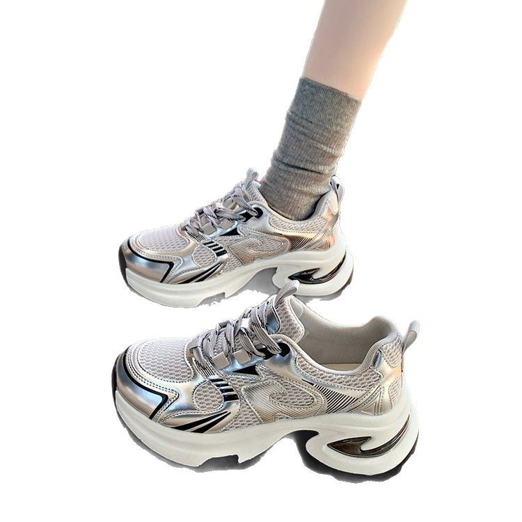 Ezüst női sneakers vastag talppal, tavasz 2025, kényelmes és divatos casual cipő