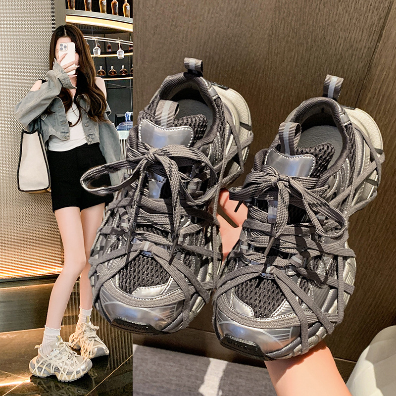 Ženske tenisice tipa dad shoes s mrežastim gornjim dijelom, prozračna i s debelim potplatom te remenčićima, lagane svakodnevne sportske tenisice za ljeto 2025