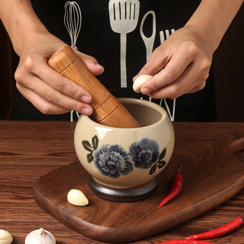 Mojar ceramic manual pentru usturoi, glazură anticǎ, stil retro, pentru zdrobirea usturoiului și ardei în bucătărie