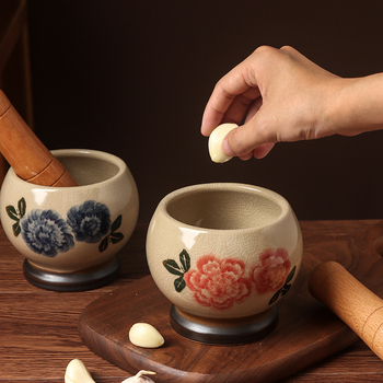 Mojar ceramic manual pentru usturoi, glazură anticǎ, stil retro, pentru zdrobirea usturoiului și ardei în bucătărie