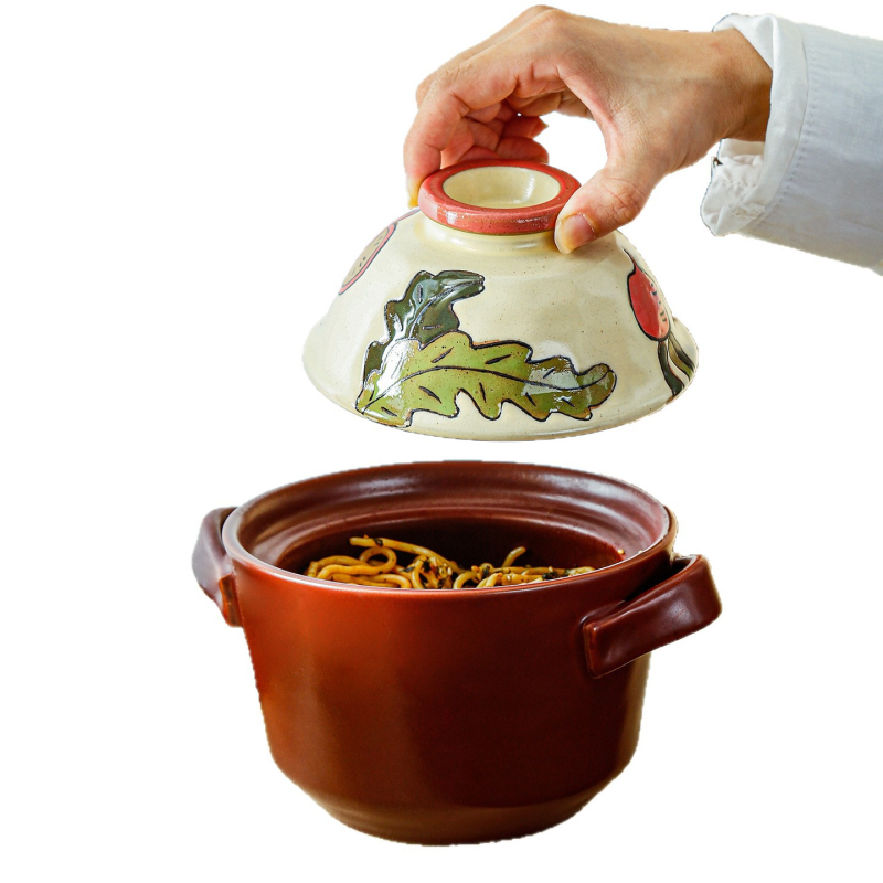 Oală de ceramică pictată manual, capac cu dublă funcție ce poate fi folosit și ca bol de supă, rezistentă la temperaturi ridicate