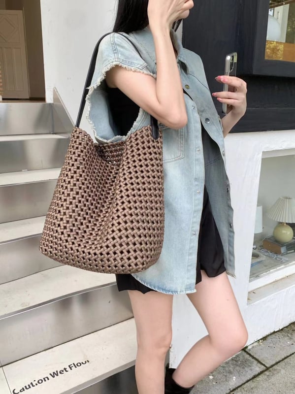 Vintage PU pletena torba s velikim kapacitetom, torba za ručno nošenje i preko ramena, moderan gradski stil za žene