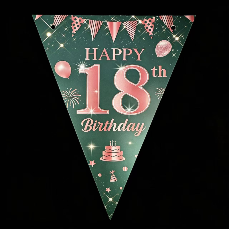Decor pentru majoratul de 18 ani: banner cu triunghiuri roz-aurii și verzi pentru fundal pe perete