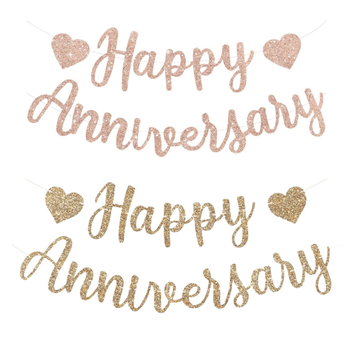 Decorațiune de fundal pentru masă de desert cu steaguri din hârtie cu litere „HAPPY ANNIVERSARY” în nuanțe aur roz