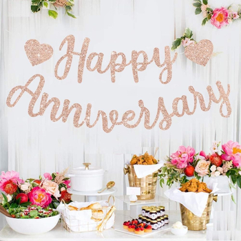 Decorațiune de fundal pentru masă de desert cu steaguri din hârtie cu litere „HAPPY ANNIVERSARY” în nuanțe aur roz