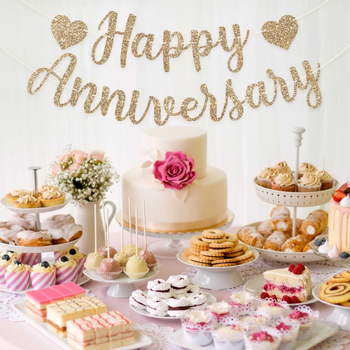 Decorațiune de fundal pentru masă de desert cu steaguri din hârtie cu litere „HAPPY ANNIVERSARY” în nuanțe aur roz