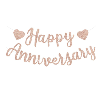 Decorațiune de fundal pentru masă de desert cu steaguri din hârtie cu litere „HAPPY ANNIVERSARY” în nuanțe aur roz