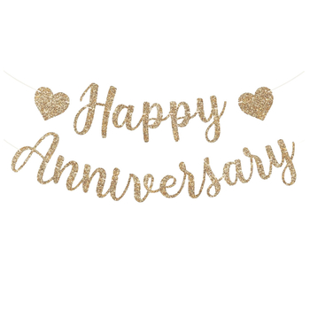Decorațiune de fundal pentru masă de desert cu steaguri din hârtie cu litere „HAPPY ANNIVERSARY” în nuanțe aur roz