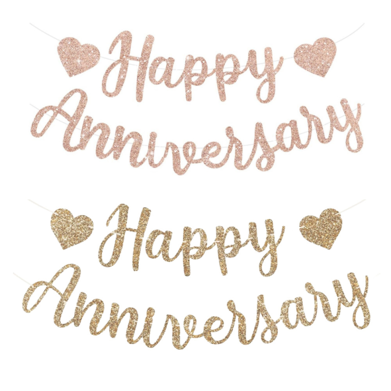 Decorațiune de fundal pentru masă de desert cu steaguri din hârtie cu litere „HAPPY ANNIVERSARY” în nuanțe aur roz