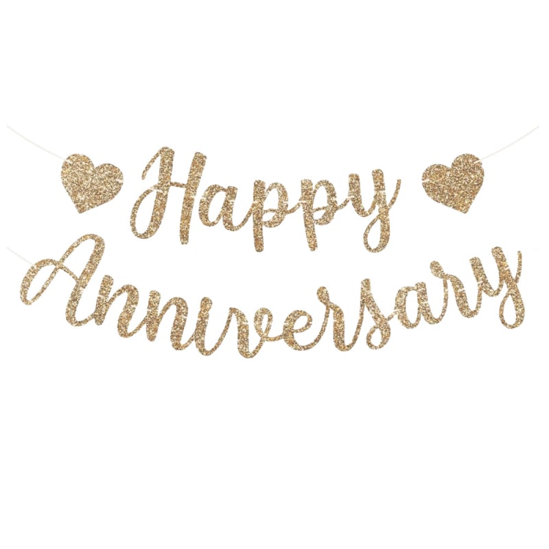 Decorațiune de fundal pentru masă de desert cu steaguri din hârtie cu litere „HAPPY ANNIVERSARY” în nuanțe aur roz