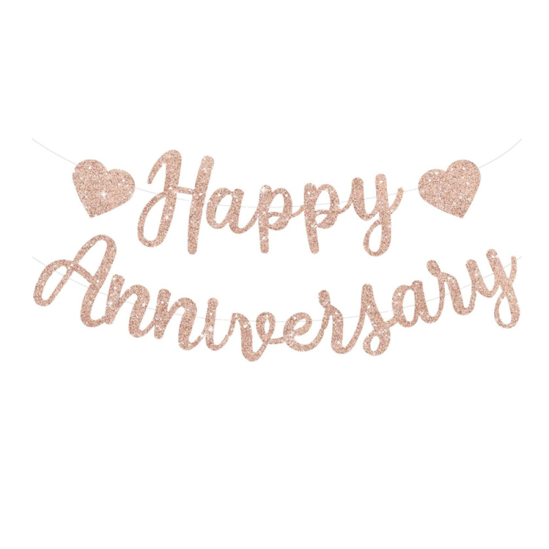 Decorațiune de fundal pentru masă de desert cu steaguri din hârtie cu litere „HAPPY ANNIVERSARY” în nuanțe aur roz
