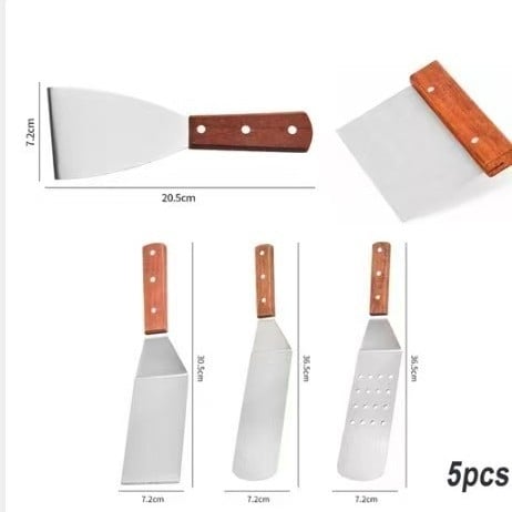 Set de unelte pentru grătar din oțel inoxidabil pentru exterior, spatulă cu mâner din lemn și lopată, ustensile de bucătărie în stil japonez