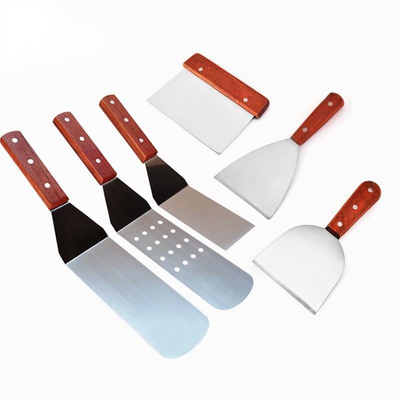Set de unelte pentru grătar din oțel inoxidabil pentru exterior, spatulă cu mâner din lemn și lopată, ustensile de bucătărie în stil japonez