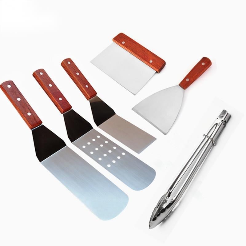 Set de unelte pentru grătar din oțel inoxidabil pentru exterior, spatulă cu mâner din lemn și lopată, ustensile de bucătărie în stil japonez