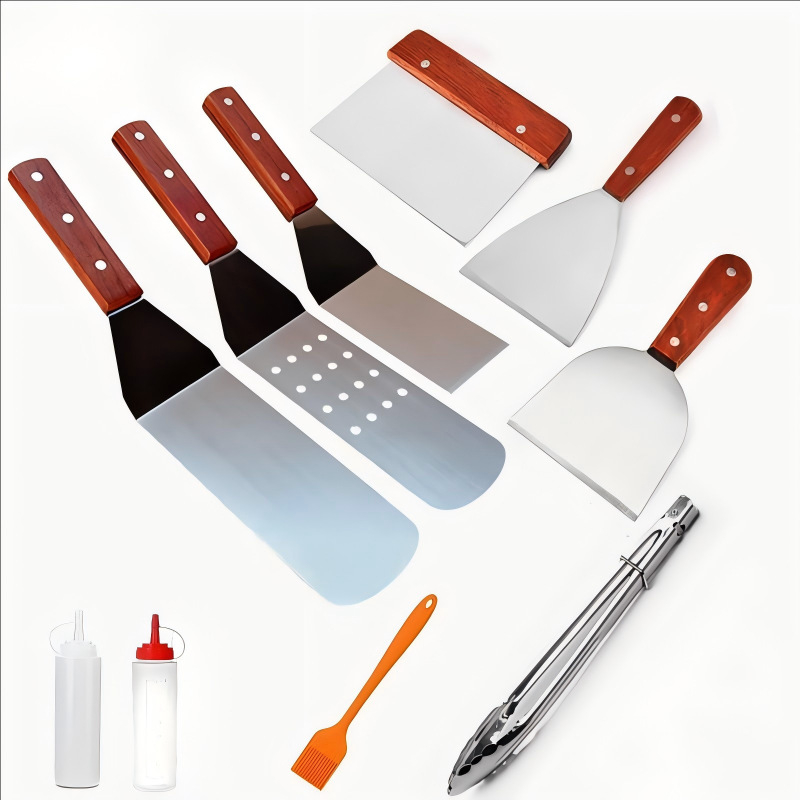 Set de unelte pentru grătar din oțel inoxidabil pentru exterior, spatulă cu mâner din lemn și lopată, ustensile de bucătărie în stil japonez