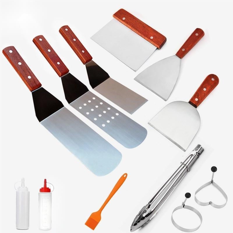Set de unelte pentru grătar din oțel inoxidabil pentru exterior, spatulă cu mâner din lemn și lopată, ustensile de bucătărie în stil japonez
