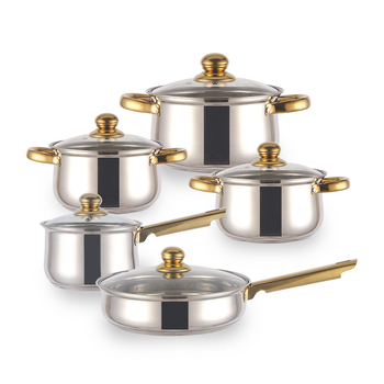 Set de vase din oțel inoxidabil, 10 piese, cu mânere placate cu aur