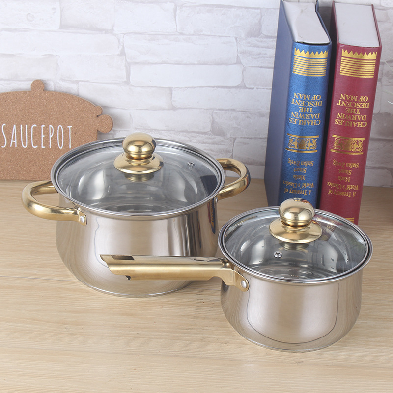 Set de vase din oțel inoxidabil, 10 piese, cu mânere placate cu aur
