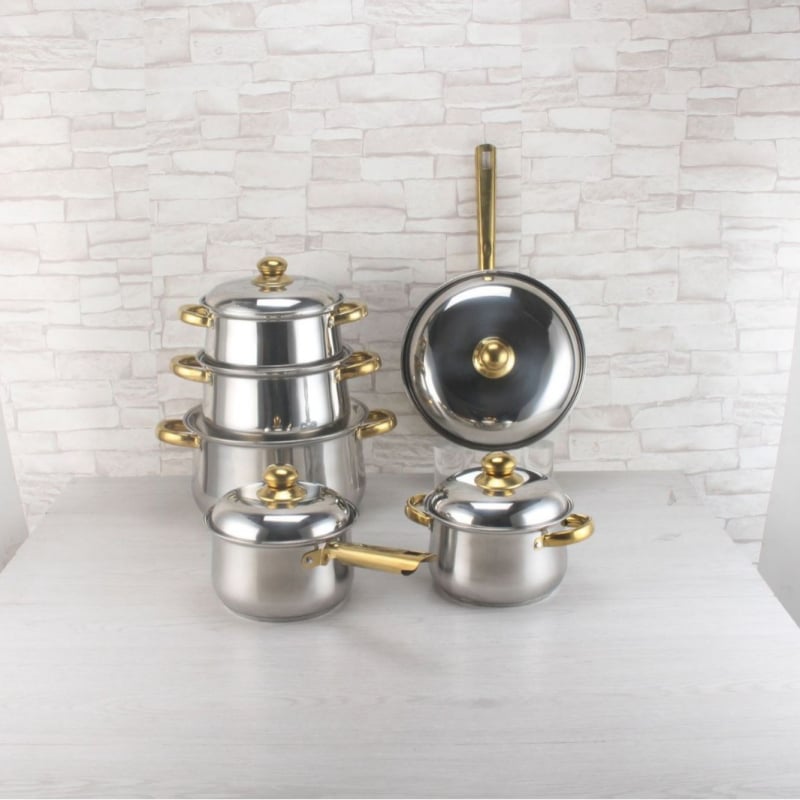 Set de vase din oțel inoxidabil, 10 piese, cu mânere placate cu aur