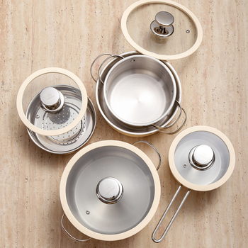 Set de vase din oțel inoxidabil 304, fără acoperire, cu capac din silicon și sticlă; include oală pentru supă, oală pentru lapte, oală pentru aburi și oală pentru fructe de mare; cutie cadou