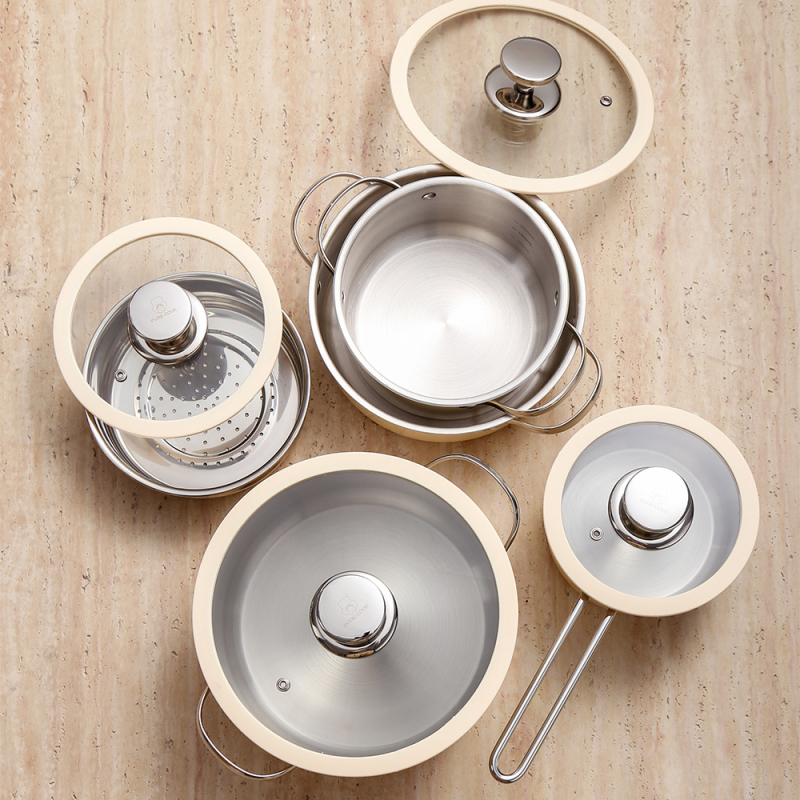 Set de vase din oțel inoxidabil 304, fără acoperire, cu capac din silicon și sticlă; include oală pentru supă, oală pentru lapte, oală pentru aburi și oală pentru fructe de mare; cutie cadou