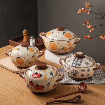 Oală ceramică pentru supă în stil japonez, design desenat manual cu personaje de desene animate, oală mare pentru supă și tocănițe, potrivită pentru aragaz cu gaz