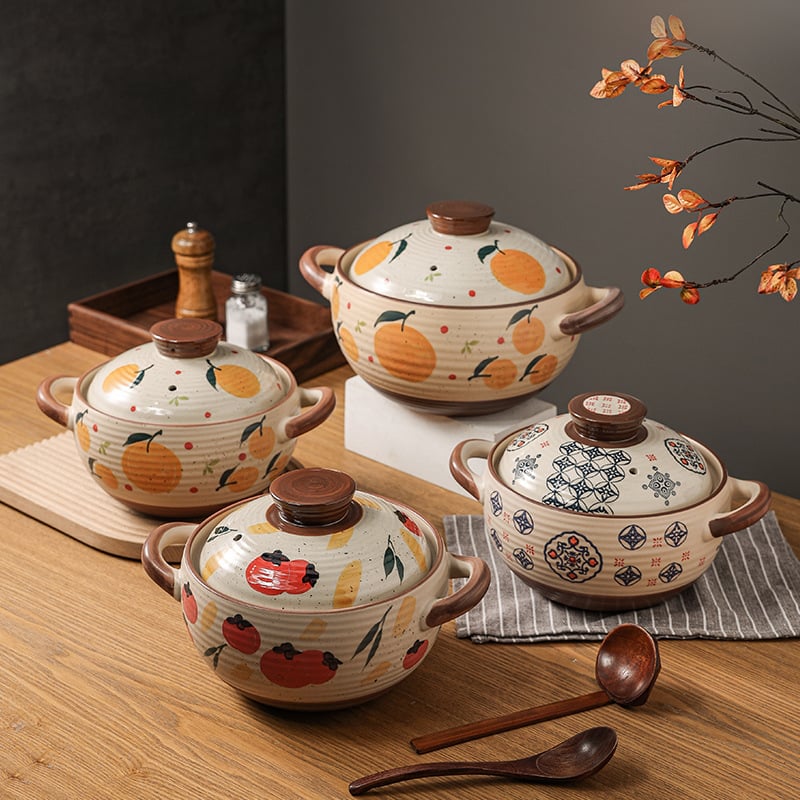 Oală ceramică pentru supă în stil japonez, design desenat manual cu personaje de desene animate, oală mare pentru supă și tocănițe, potrivită pentru aragaz cu gaz