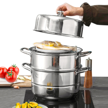 Vas de gătit cu aburi din oțel inoxidabil, trei niveluri, cu grătar pentru aburi, pentru orez, chifle și supe; compatibil cu aragaz pe gaz și plită cu inducție