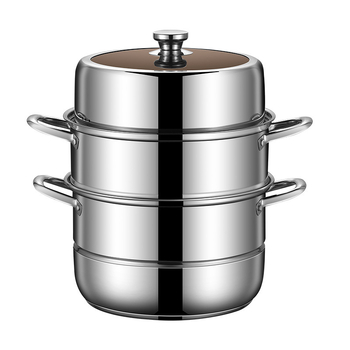 Vas de gătit cu aburi din oțel inoxidabil, trei niveluri, cu grătar pentru aburi, pentru orez, chifle și supe; compatibil cu aragaz pe gaz și plită cu inducție