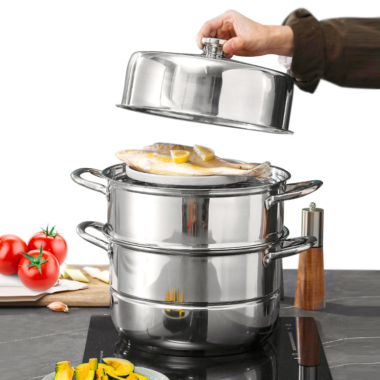 Vas de gătit cu aburi din oțel inoxidabil, trei niveluri, cu grătar pentru aburi, pentru orez, chifle și supe; compatibil cu aragaz pe gaz și plită cu inducție
