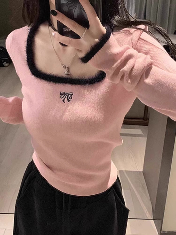 Korejskog stila uski kroj, cropped top s dugim rukavima i izvezenim uzorkom Derong tkanine, s četvrtastim izrezom za jesen-zimu