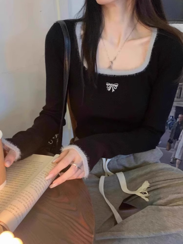 Korejskog stila uski kroj, cropped top s dugim rukavima i izvezenim uzorkom Derong tkanine, s četvrtastim izrezom za jesen-zimu