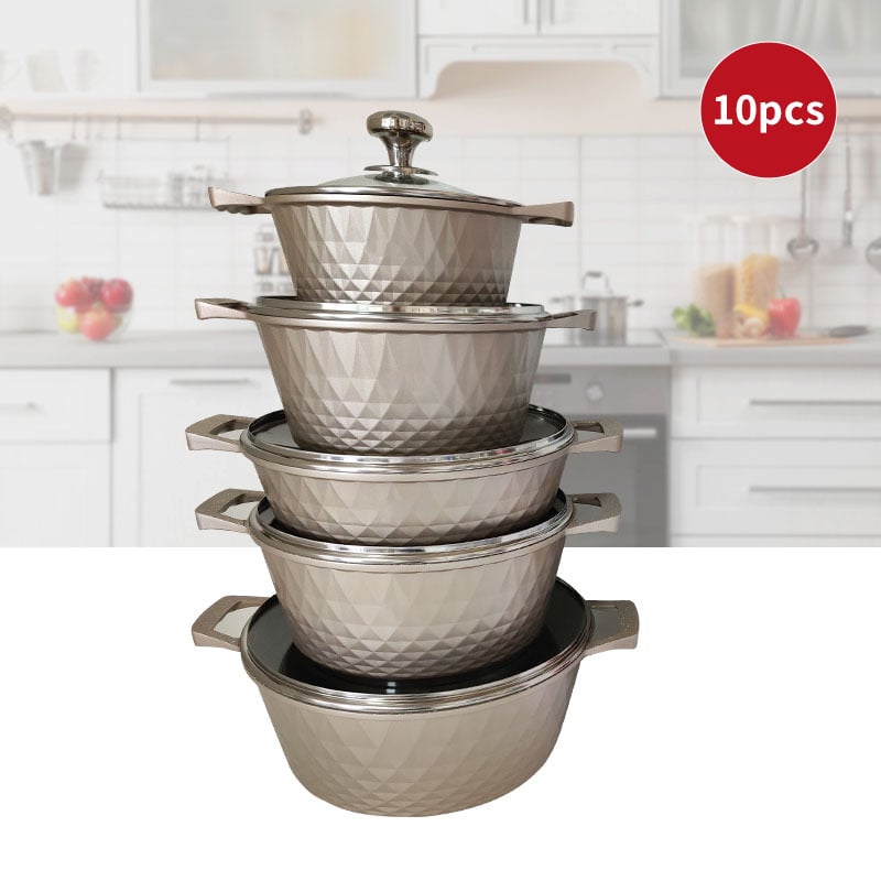 Set de vase de gătit 10 piese, oale pătrate, antiaderent, din aluminiu turnat, piatră Maifan, capace din sticlă