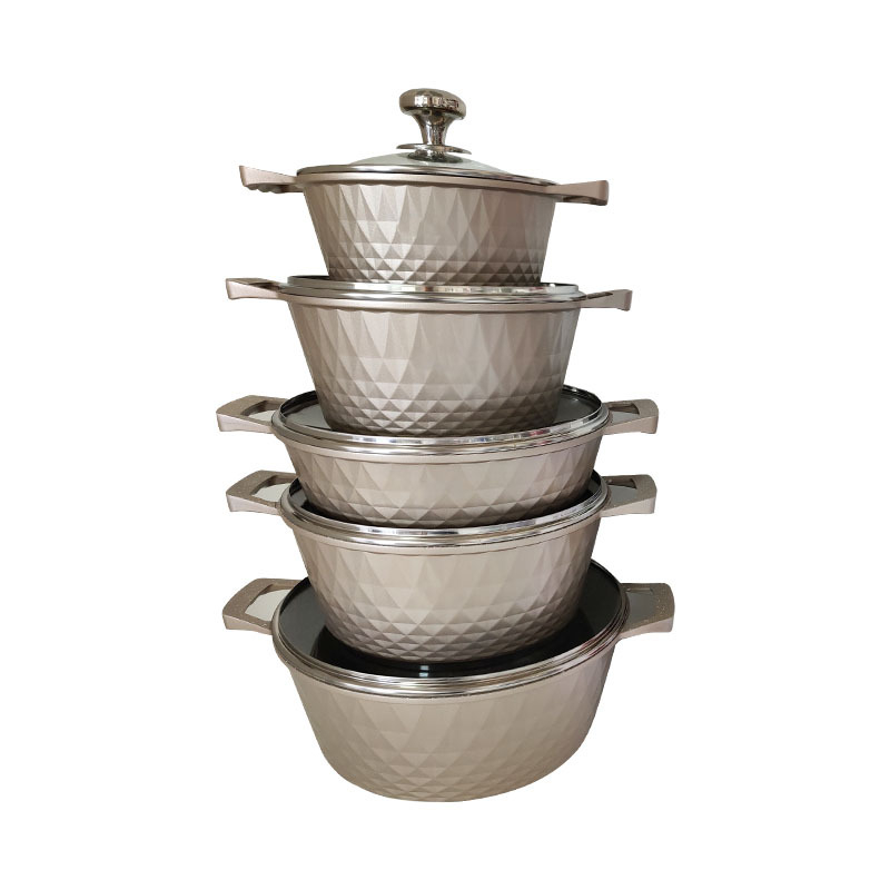 Set de vase de gătit 10 piese, oale pătrate, antiaderent, din aluminiu turnat, piatră Maifan, capace din sticlă