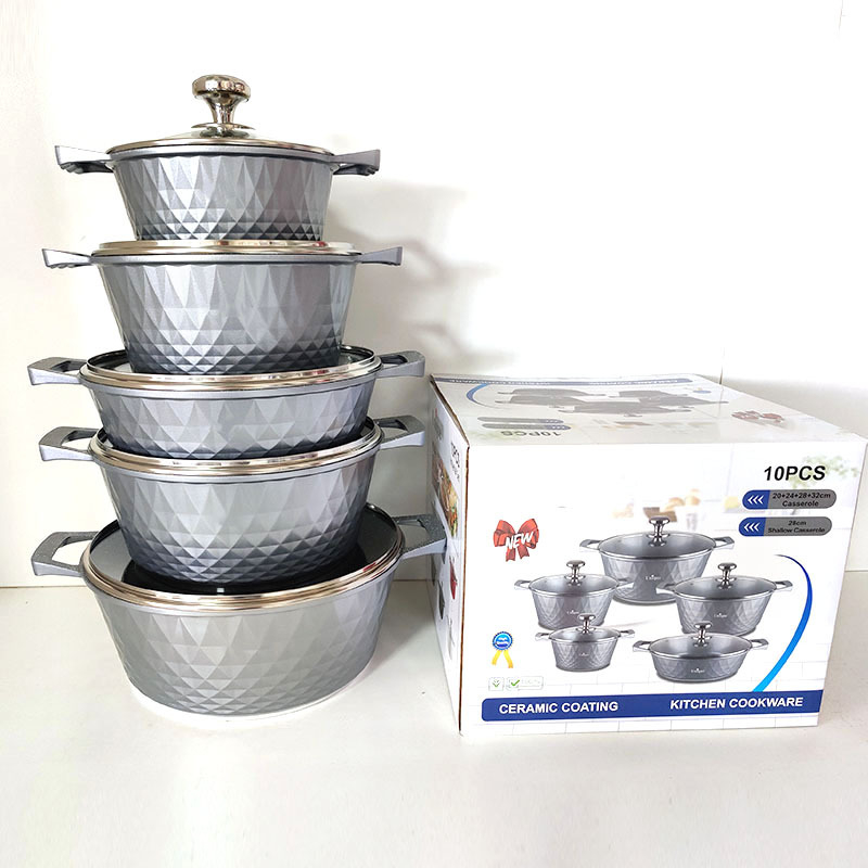 Set de vase de gătit 10 piese, oale pătrate, antiaderent, din aluminiu turnat, piatră Maifan, capace din sticlă