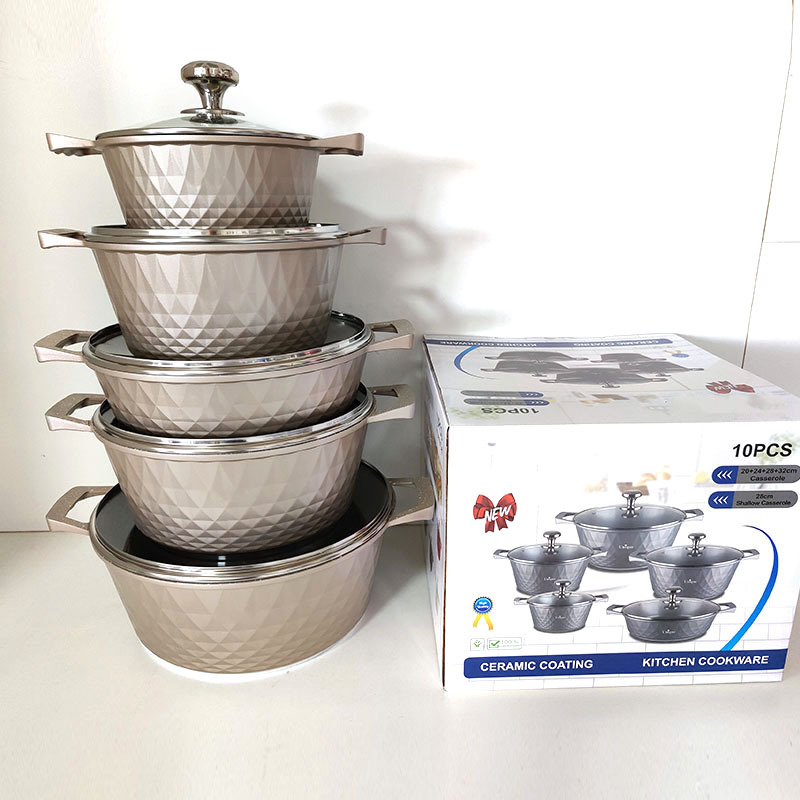 Set de vase de gătit 10 piese, oale pătrate, antiaderent, din aluminiu turnat, piatră Maifan, capace din sticlă
