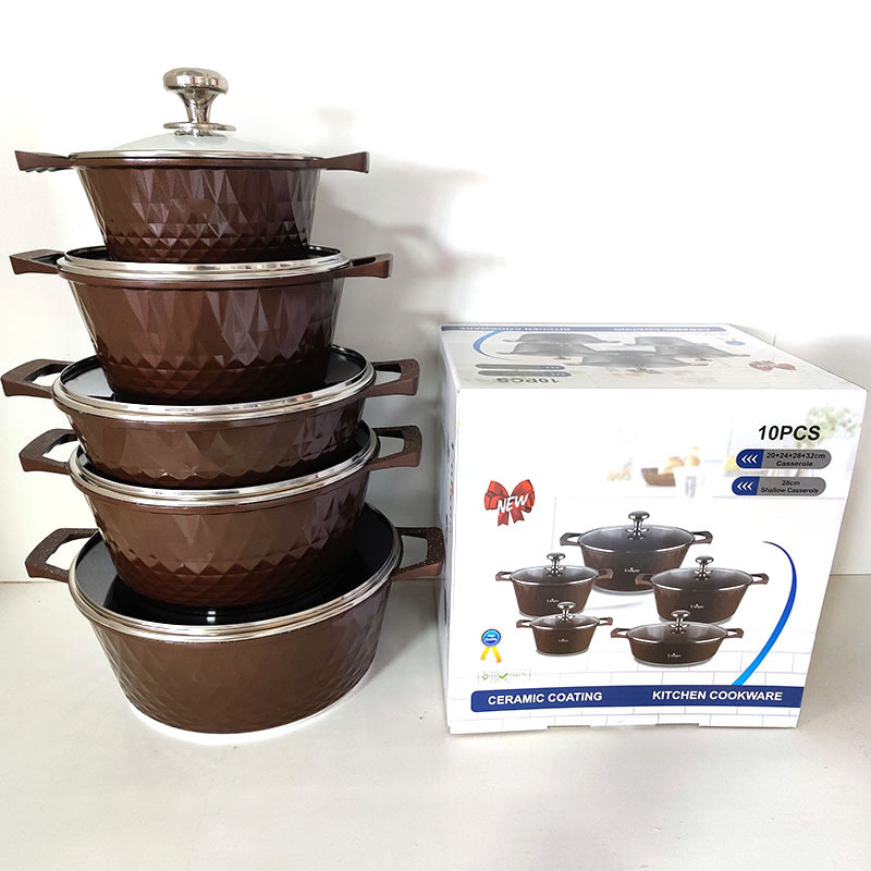 Set de vase de gătit 10 piese, oale pătrate, antiaderent, din aluminiu turnat, piatră Maifan, capace din sticlă