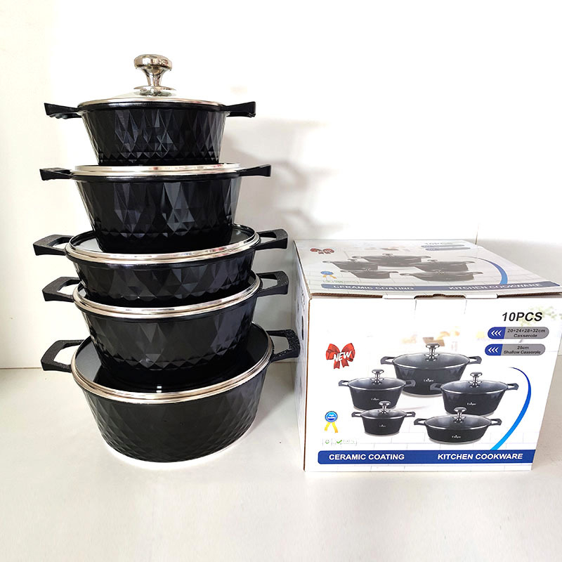 Set de vase de gătit 10 piese, oale pătrate, antiaderent, din aluminiu turnat, piatră Maifan, capace din sticlă