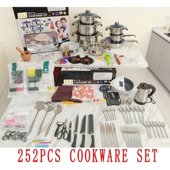 Set de vase din oțel inoxidabil, 15 piese, cu bază multiplă și capace din sticlă, în cutie cadou