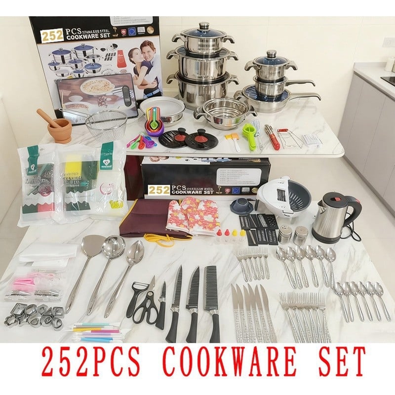 Set de vase din oțel inoxidabil, 15 piese, cu bază multiplă și capace din sticlă, în cutie cadou