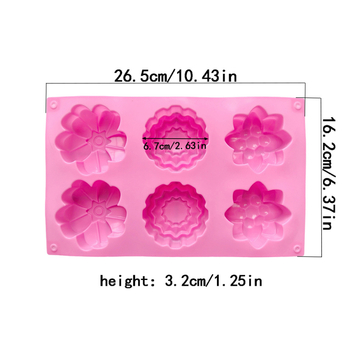 Set de șase forme din silicon cu trei modele de flori pentru coacere – forme pentru prăjituri, săpun și gheață, model 744