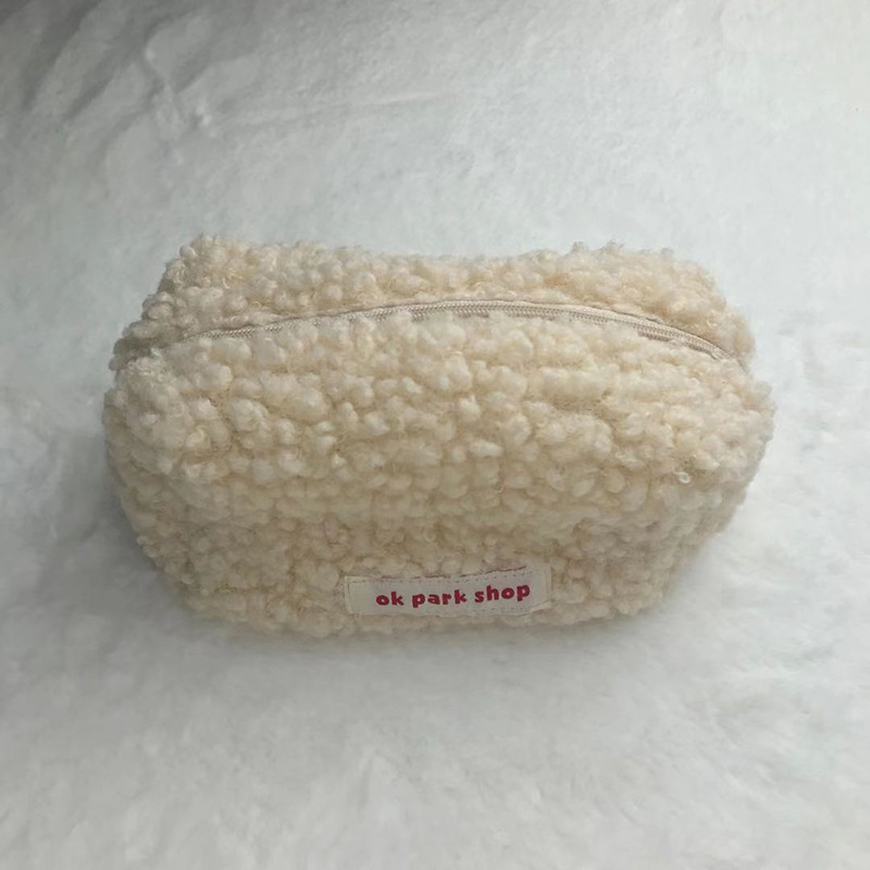 Geantă de machiaj din lână de miel, stil coreean, minimalistă și la modă, cu capacitate mare, formă pătrată, potrivită pentru cosmetice, creioane, monede și rechizite.